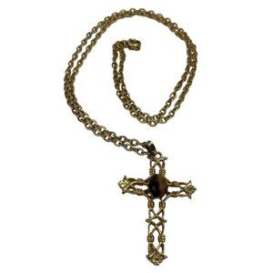 Tiger Eye Cabochon Cross Crucifix Pendant 28" Gold Tone Chain Necklace Religious